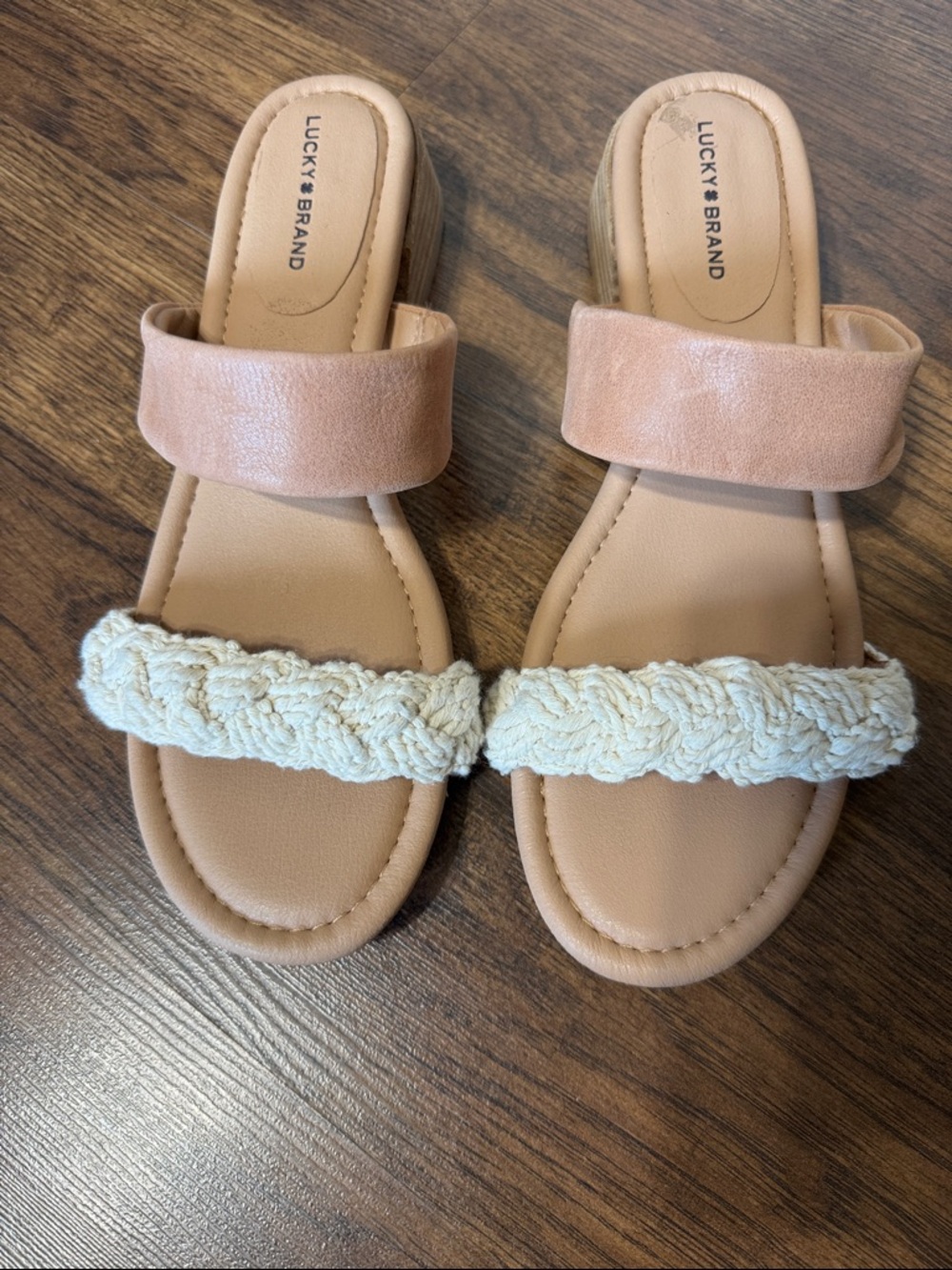 Lucky Brand Razilla Two-Strap Braided & Suede Beige Block Heel Slides